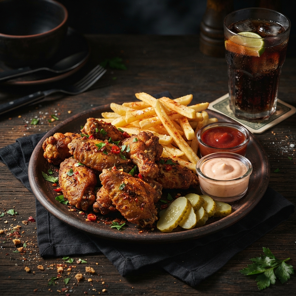 9 Alitas Picantes + 1 porción de papas pequeña + bebida